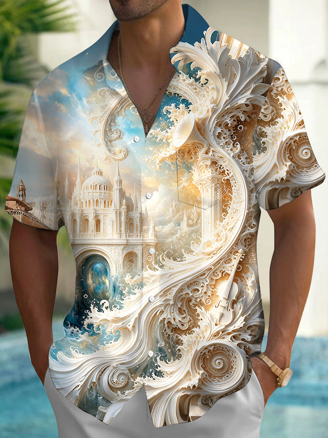 Oceanlyte Men's Graphic Relief Wave Castle Print Short Sleeve Shirt with Chest Pocket