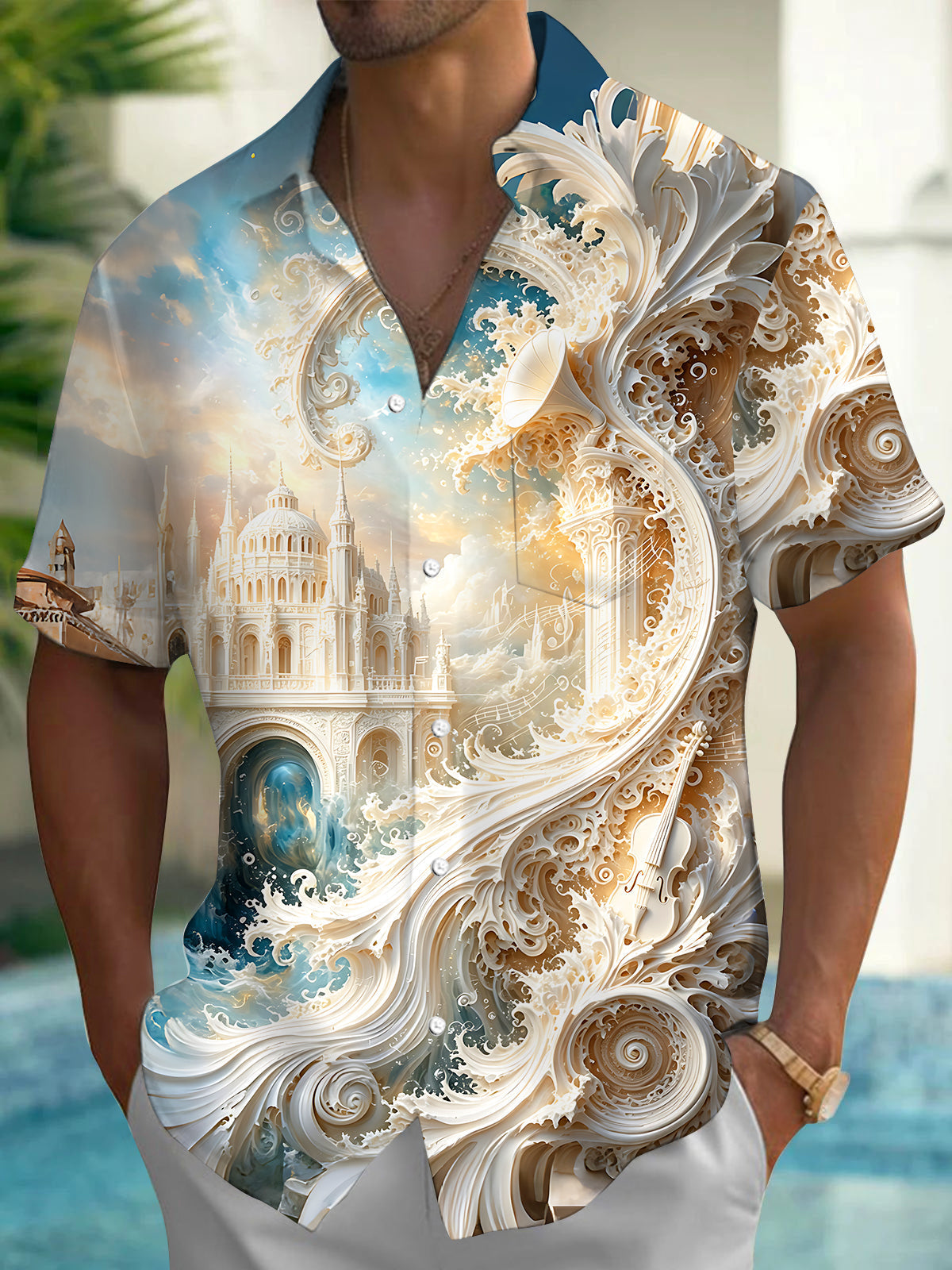 Oceanlyte Men's Graphic Relief Wave Castle Print Short Sleeve Shirt with Chest Pocket
