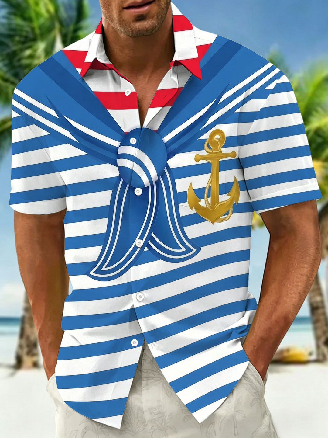 Oceanlyte Men's Striped Nautical Anchor Print Short Sleeve Shirt with Chest Pocket