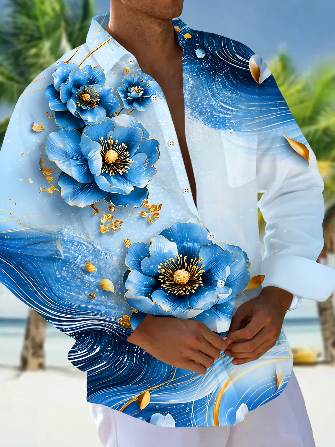 Oceanlyte Men's Printed Blue Peony Flowers Print Long Sleeve Shirt with Chest Pocket