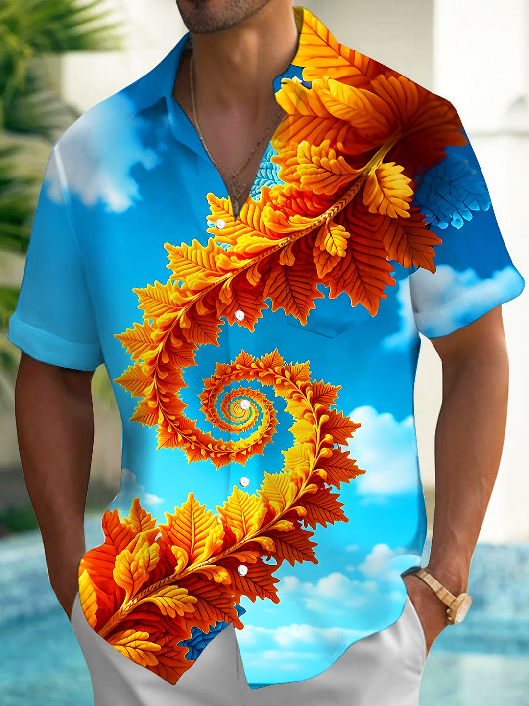 Oceanlyte Men's Hawaiian Spiral Autumn Leaves Print Short Sleeve Shirt with Chest Pocket