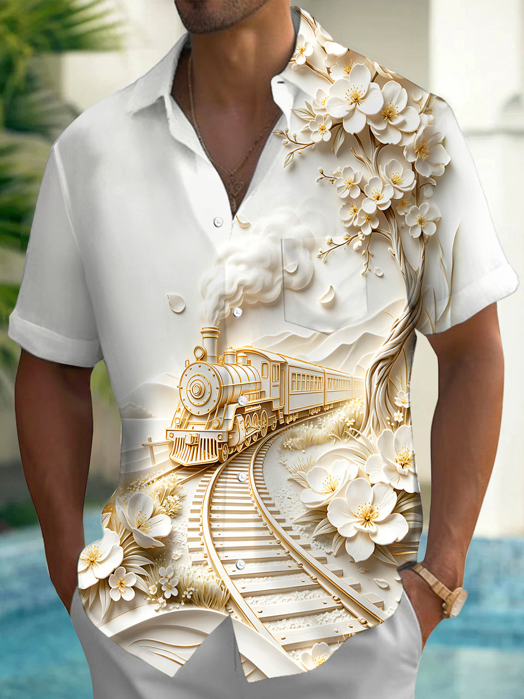 Oceanlyte Men's Printed Train Landscape Print Short Sleeve Shirt with Chest Pocket