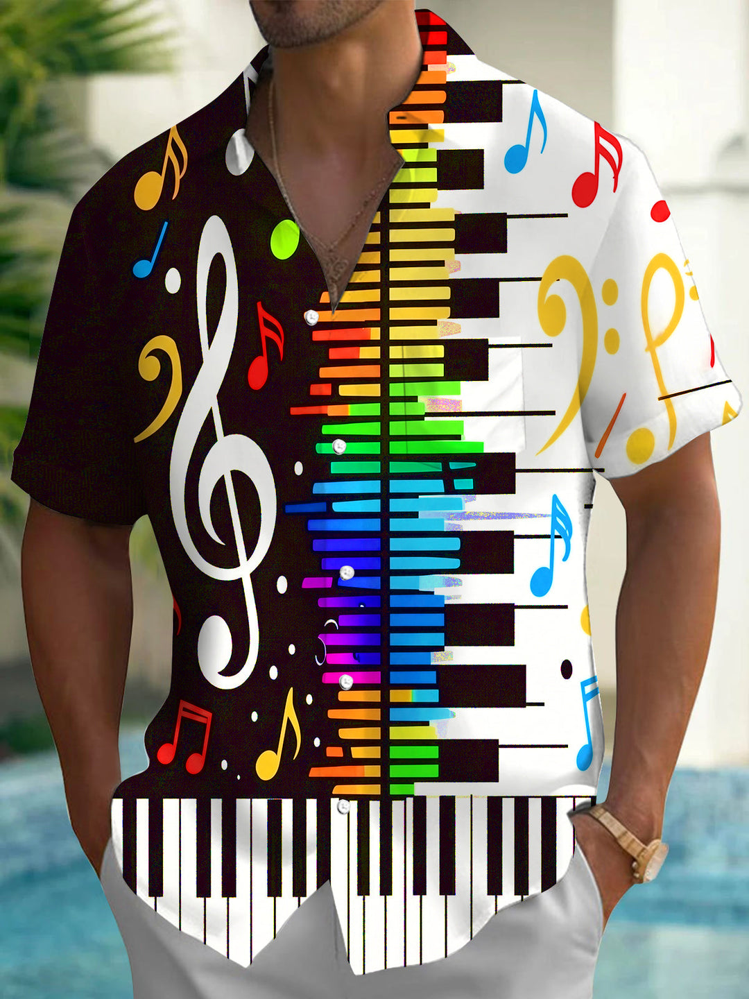 Oceanlyte Men's Graphic Rainbow Piano Keys Print Short Sleeve Shirt with Chest Pocket