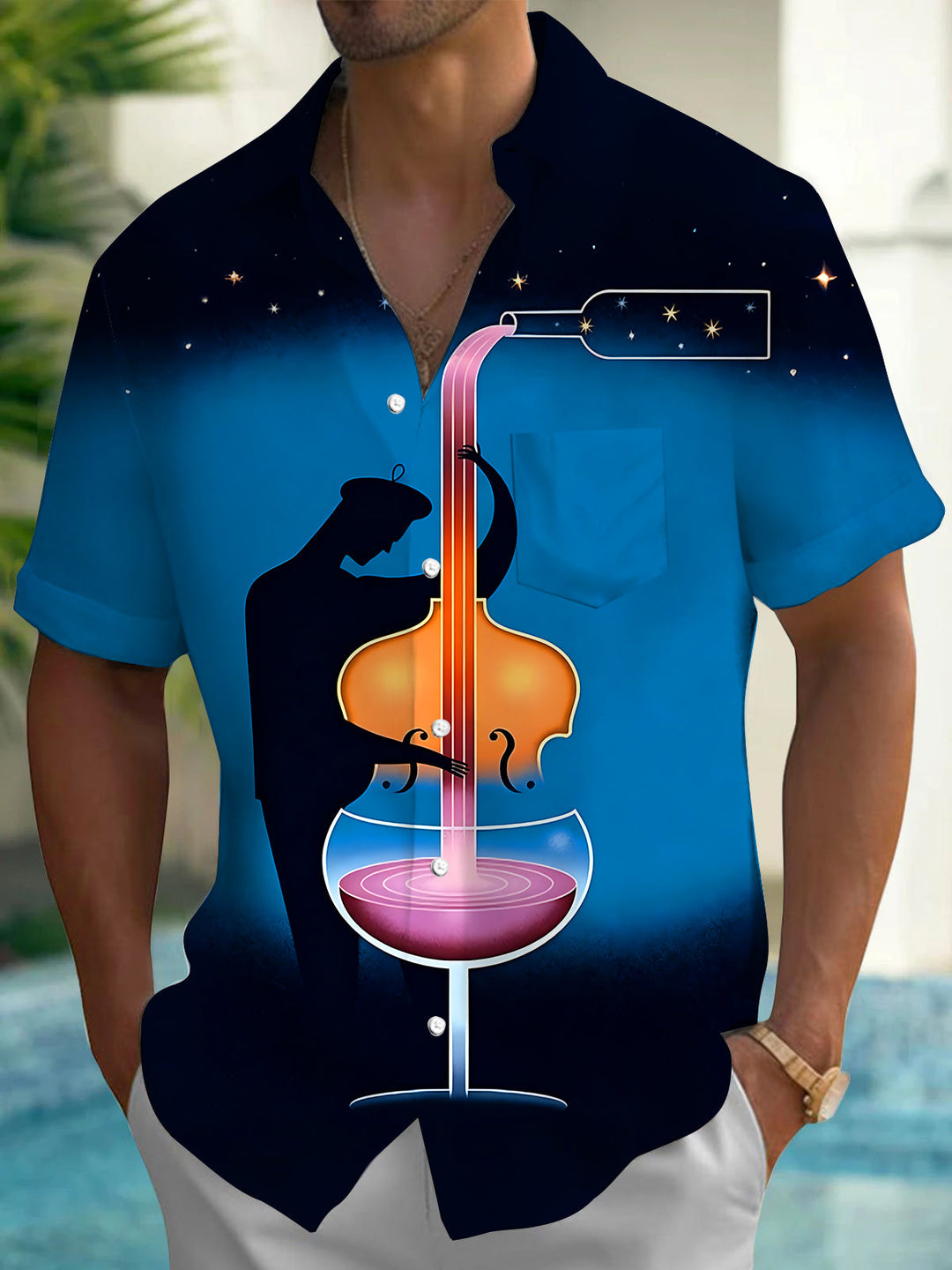 Oceanlyte Men's Graphic Starry Sky Cello Print Short Sleeve Shirt with Chest Pocket