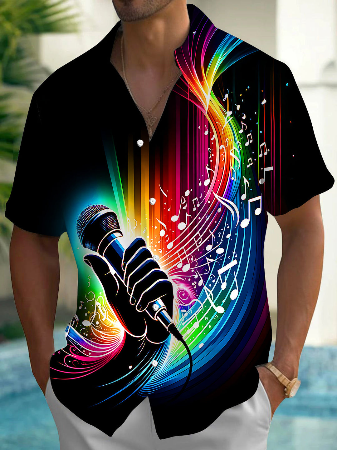 Oceanlyte Men's Graphic Neon Microphone Print Short Sleeve Shirt with Chest Pocket