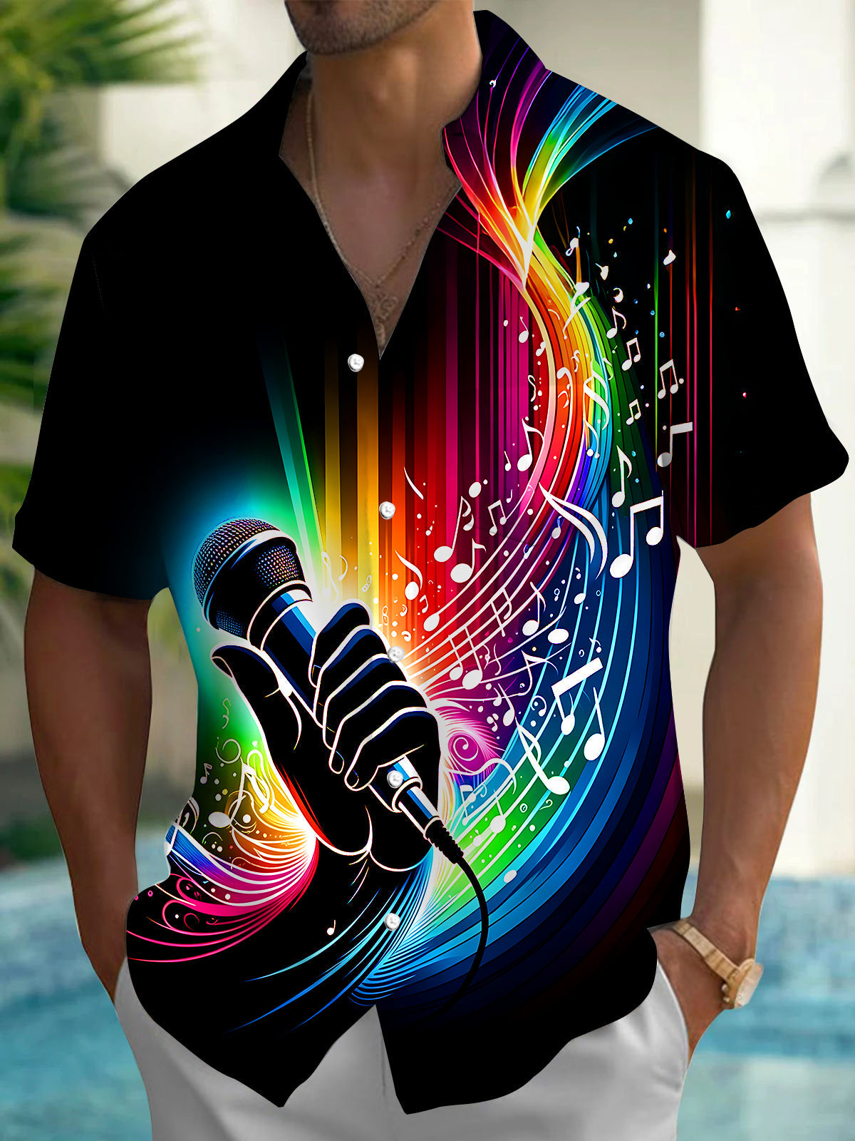 Oceanlyte Men's Graphic Neon Microphone Print Short Sleeve Shirt with Chest Pocket