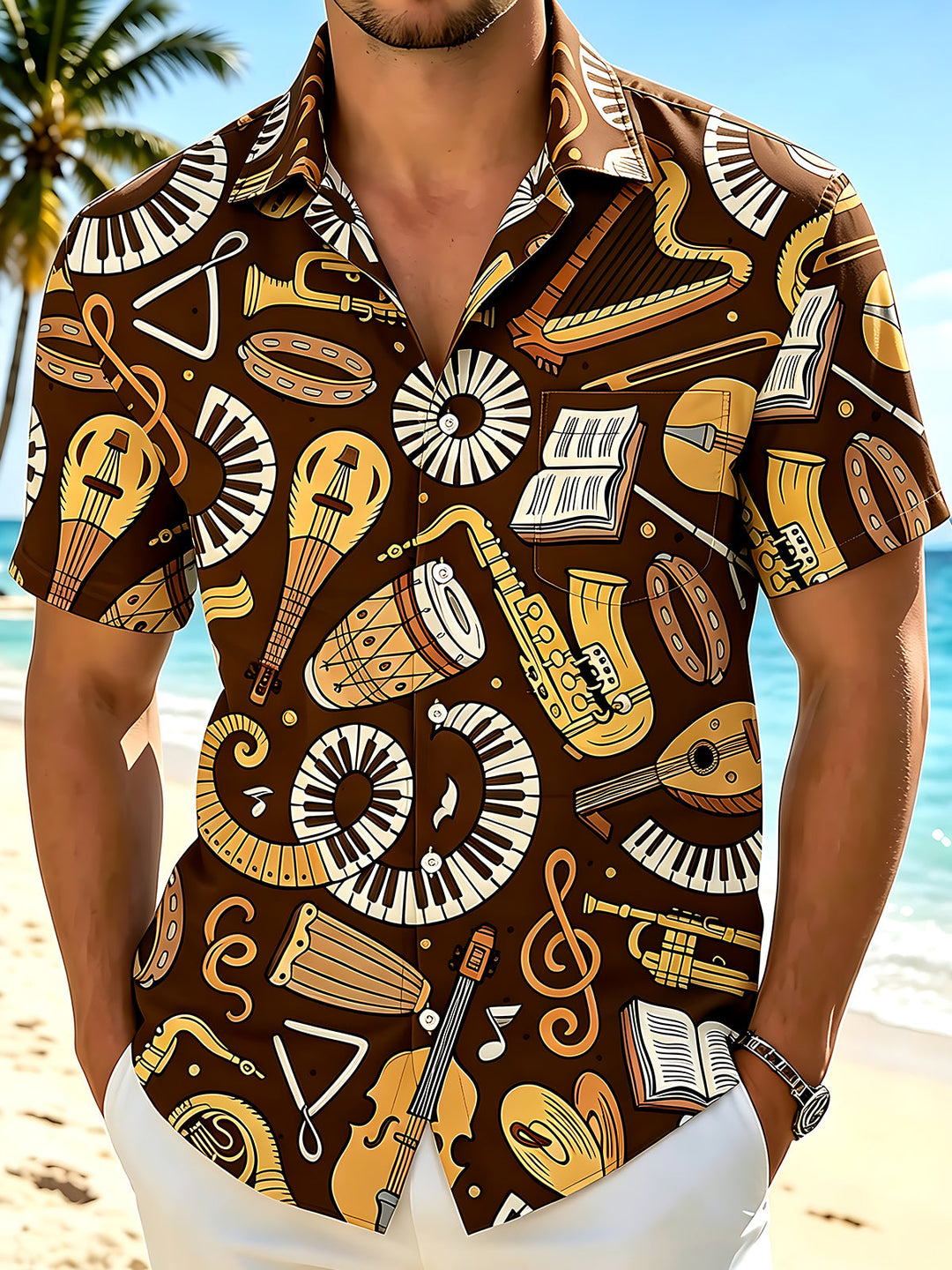 Oceanlyte Men's Hawaiian Musical Instruments Print Short Sleeve Shirt with Chest Pocket