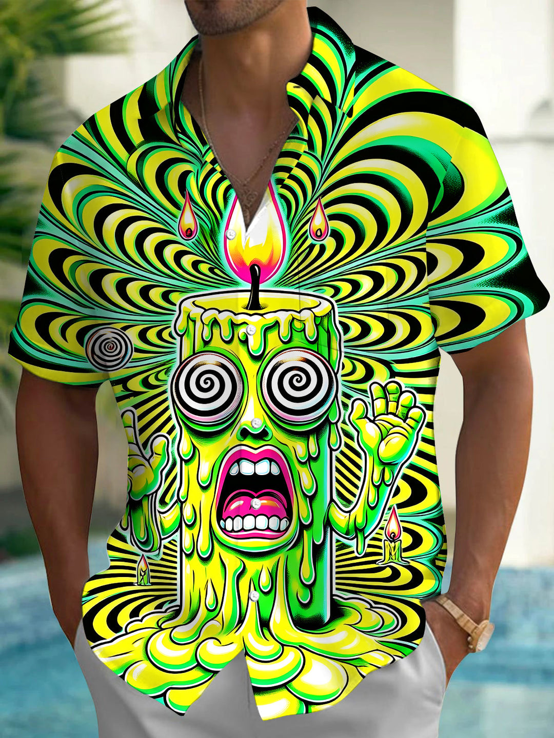 Oceanlyte Men's Graphic Candle Monster Print Swirl Pattern Short Sleeve Shirt with Chest Pocket