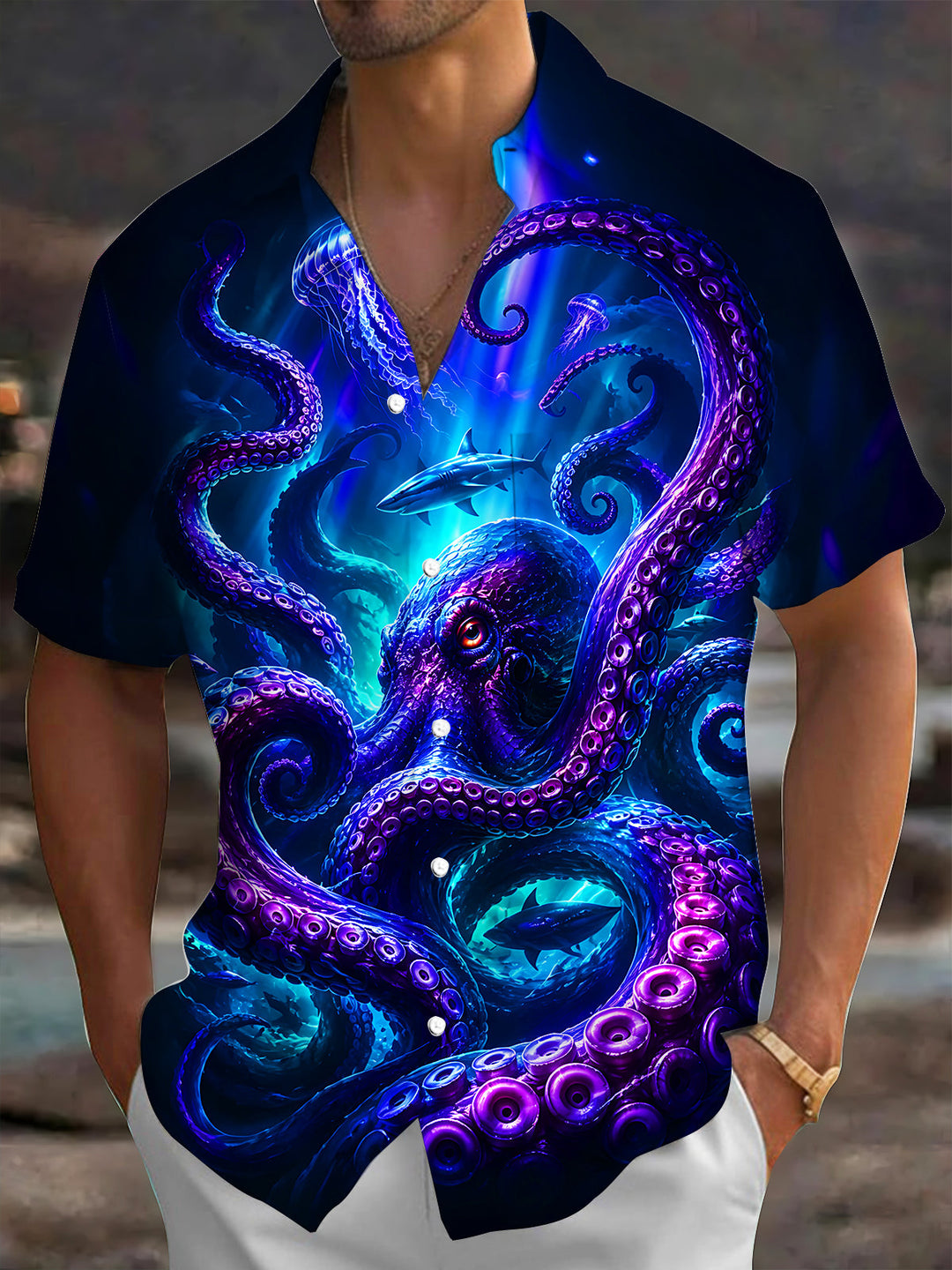 Oceanlyte Men's Graphic Deep Sea Octopus Print Short Sleeve Shirt with Chest Pocket