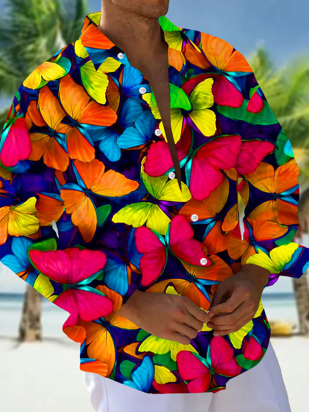Oceanlyte Men's Hawaiian Colorful Butterflies Print Long Sleeve Shirt with Chest Pocket