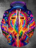 Oceanlyte Men's Tie Dye Praying Hands Print Cross Print Long Sleeve Sweatshirt with Chest Pocket