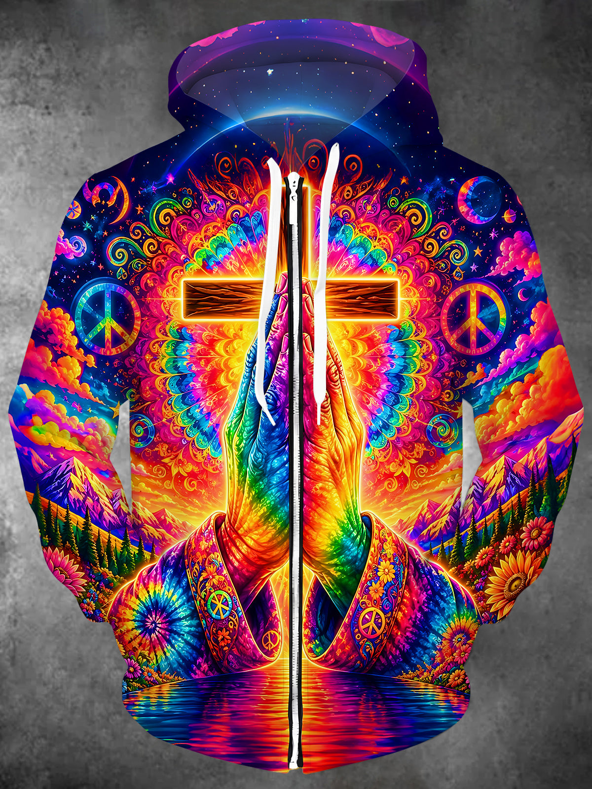 Oceanlyte Men's Tie Dye Praying Hands Print Cross Print Long Sleeve Sweatshirt with Chest Pocket