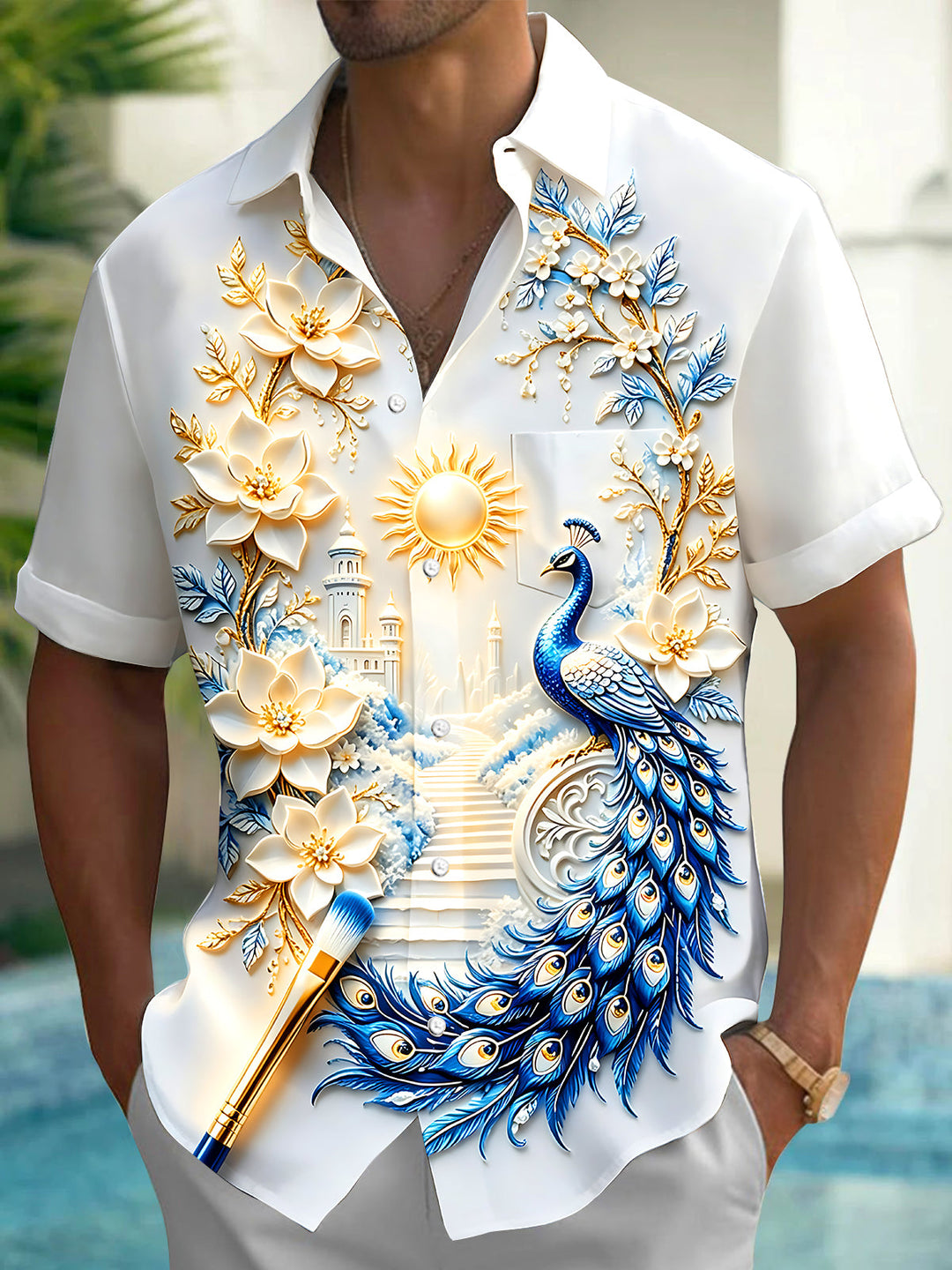 Oceanlyte Men's Printed Peacock Print Floral Relief Print Short Sleeve Shirt with Chest Pocket