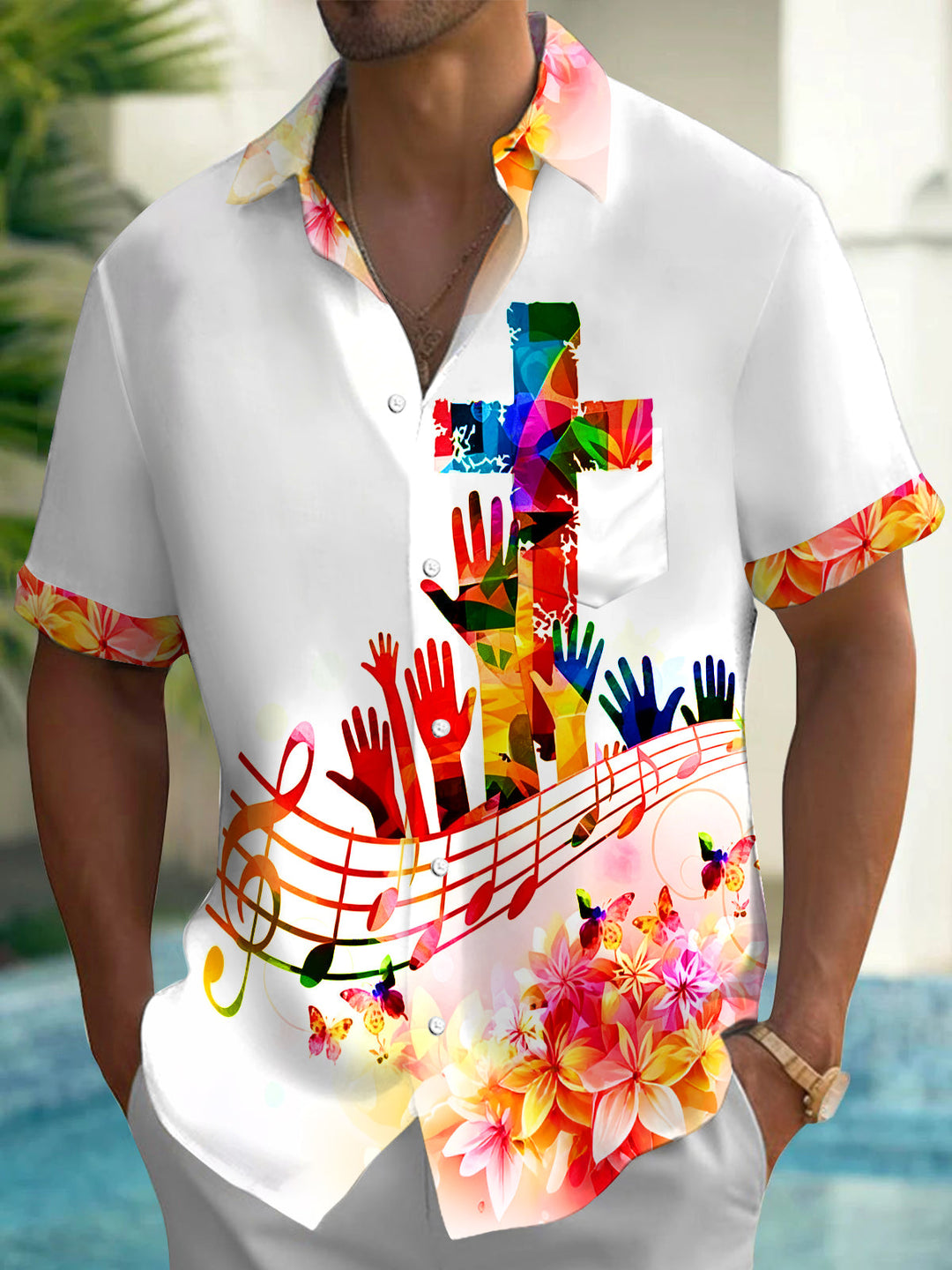 Oceanlyte Men's Graphic Colorful Cross Print Short Sleeve Shirt with Chest Pocket