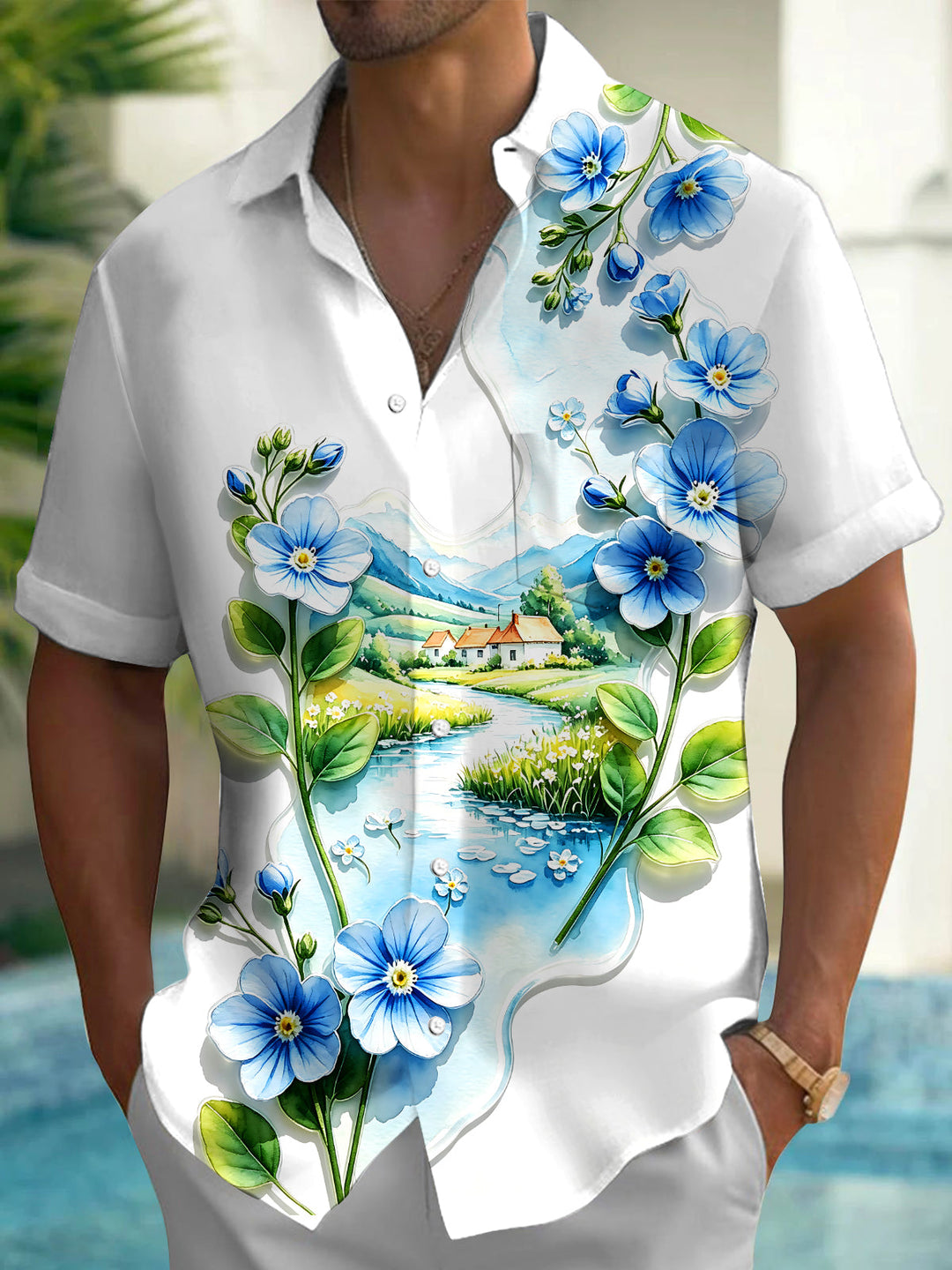 Oceanlyte Men's Printed Floral Landscape Print Short Sleeve Shirt with Chest Pocket