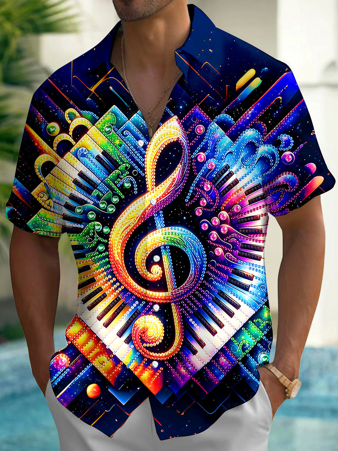 Oceanlyte Men's Graphic Colorful Piano Keyboard Print Short Sleeve Shirt with Chest Pocket
