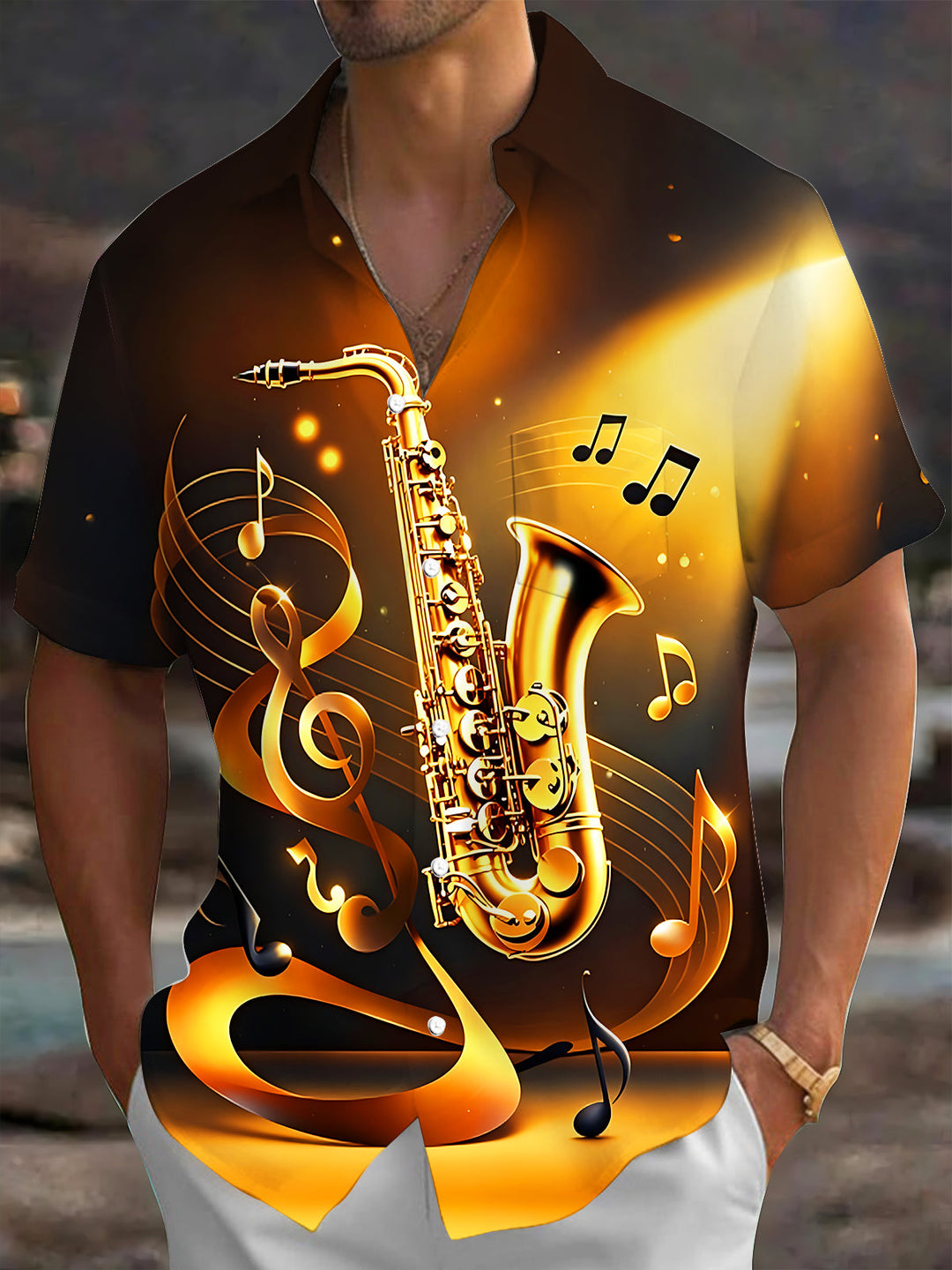Oceanlyte Men's Graphic Golden Saxophone Print Short Sleeve Shirt with Chest Pocket