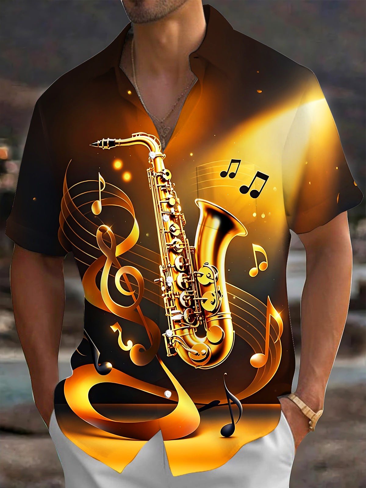 Oceanlyte Men's Graphic Golden Saxophone Print Short Sleeve Shirt with Chest Pocket