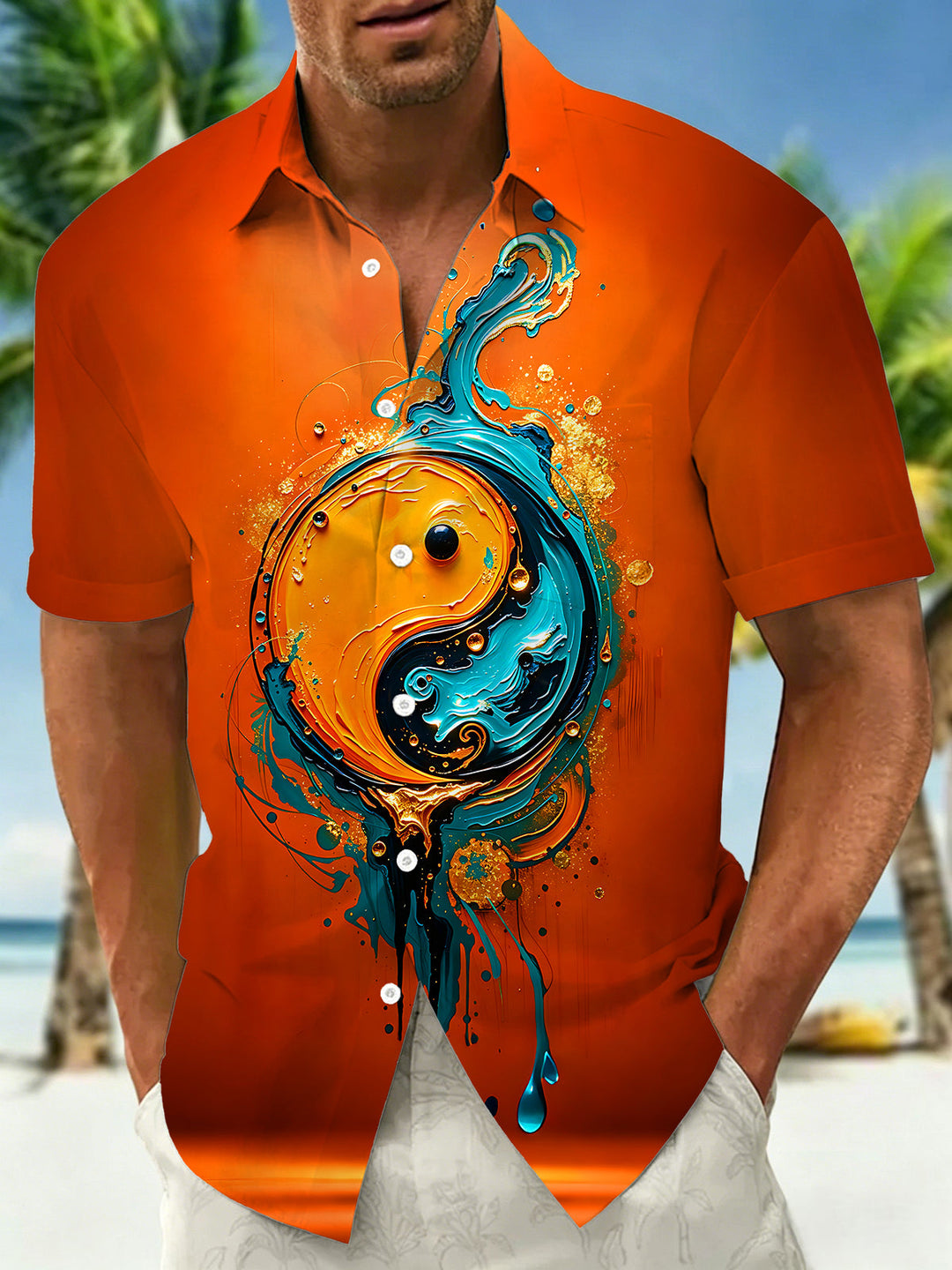Oceanlyte Art Abstract Orange‑Blue Yin Yang Fluid Men's Printed Short Sleeve Shirt with Chest Pocket