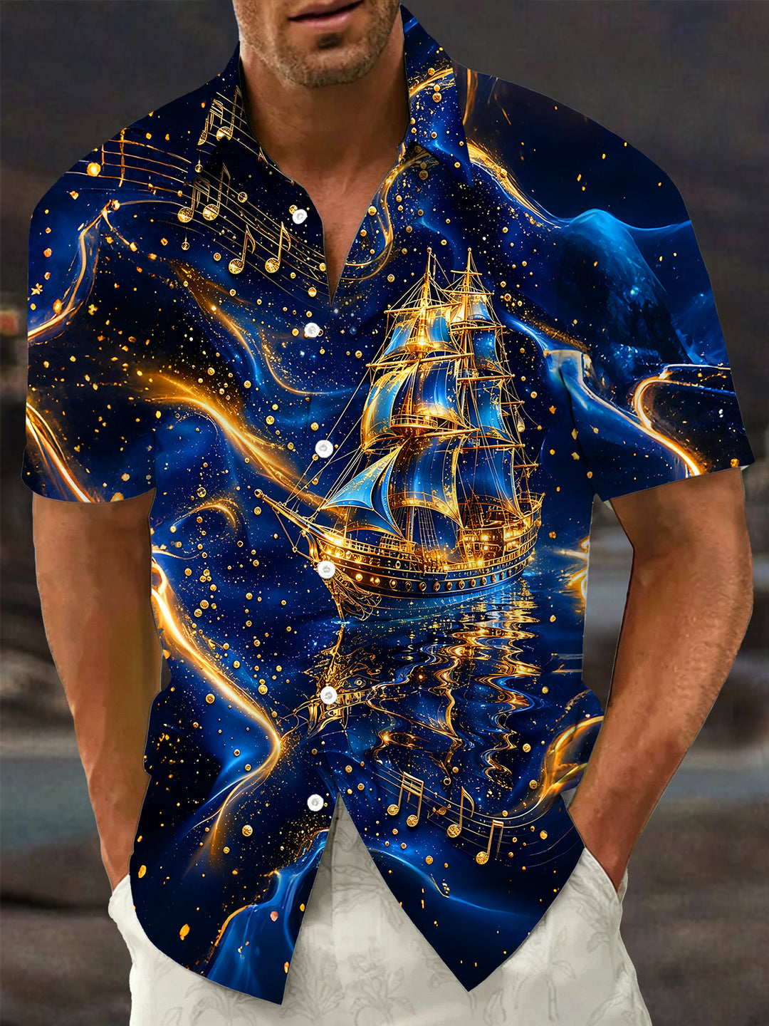 Oceanlyte Men's Printed Sailing Ship Print Music Notes Print Short Sleeve Shirt with Chest Pocket