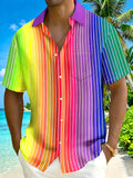 Oceanlyte Men's Striped Rainbow Gradient Stripes Print Short Sleeve Shirt with Chest Pocket