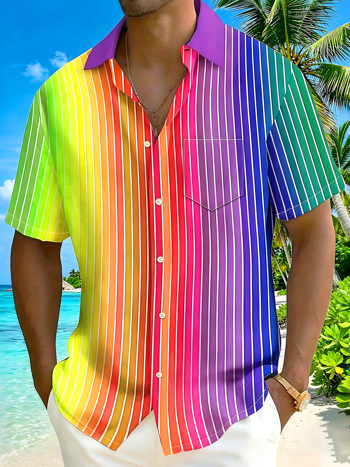 Oceanlyte Men's Striped Rainbow Gradient Stripes Print Short Sleeve Shirt with Chest Pocket