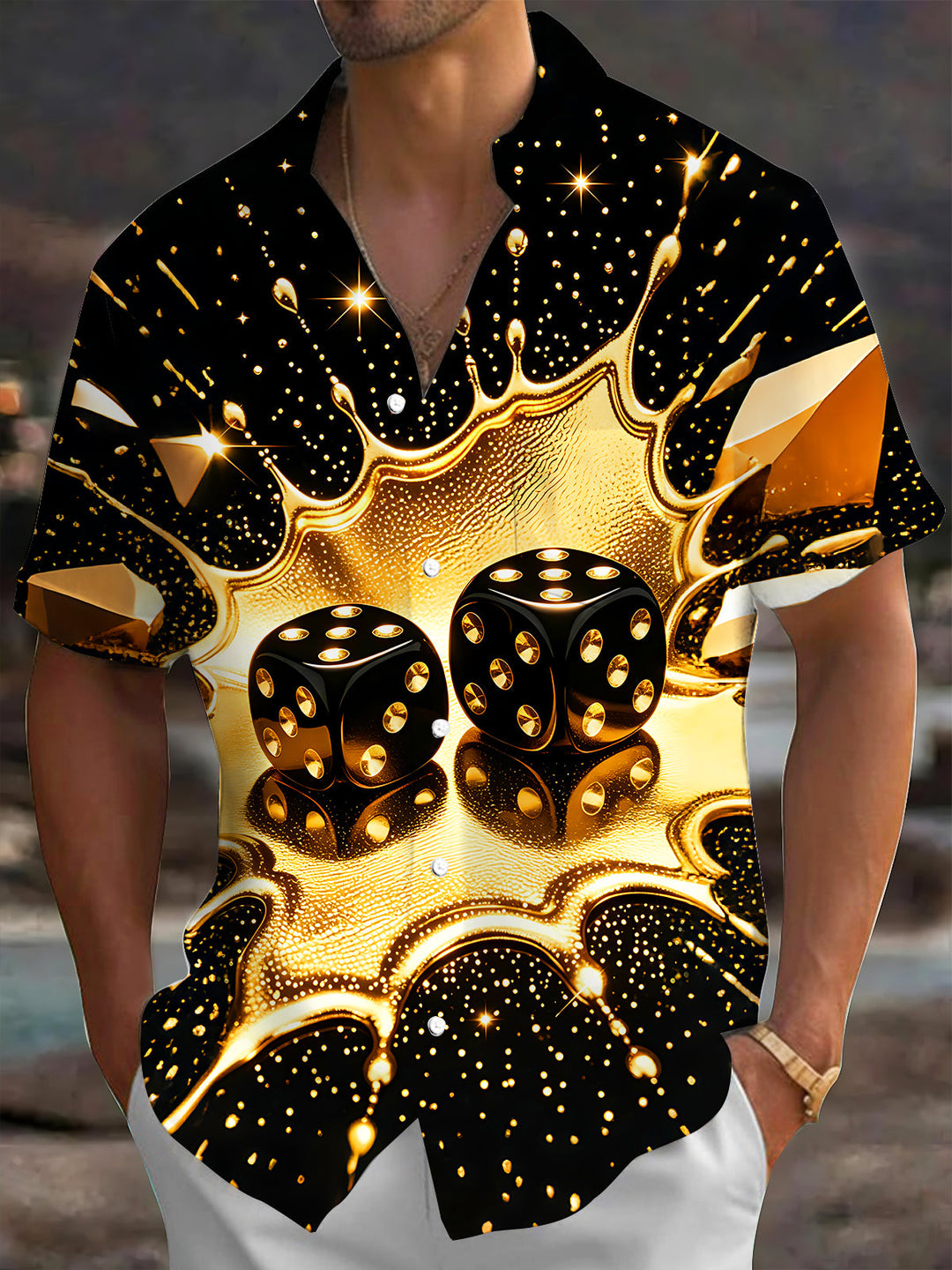Oceanlyte Men's Printed Gold Dice Splash Print Short Sleeve Shirt with Chest Pocket