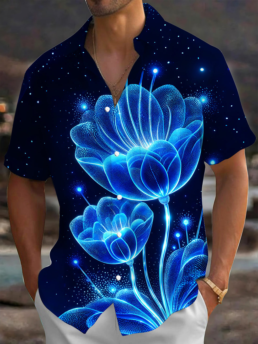 Oceanlyte Men's Printed Glowing Blue Lotus Print Short Sleeve Shirt with Chest Pocket