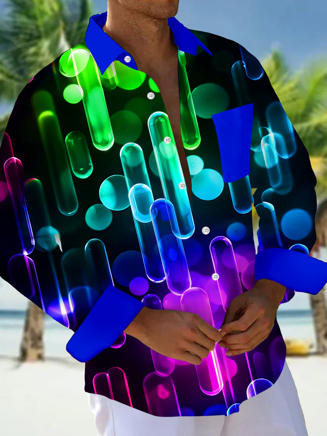 Oceanlyte Men's Printed Neon Gradient Tubes Print Long Sleeve Shirt with Chest Pocket