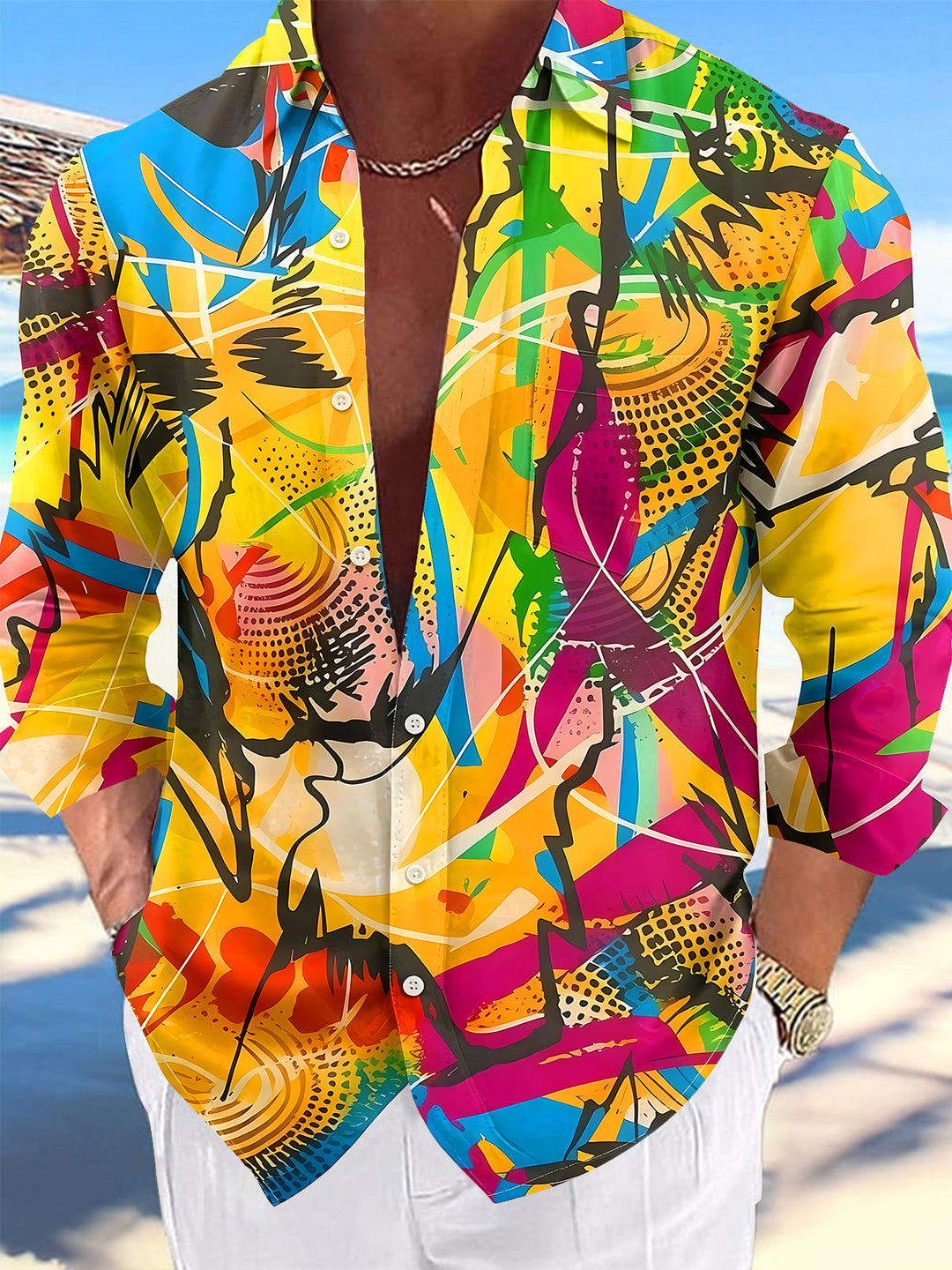 Oceanlyte Men's Graphic Abstract Colorful Graffiti Print Long Sleeve Shirt with Chest Pocket