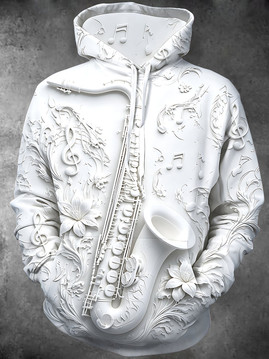 Oceanlyte Men's Graphic Saxophone Relief Print Floral Pattern Long Sleeve Hoodie with Chest Pocket