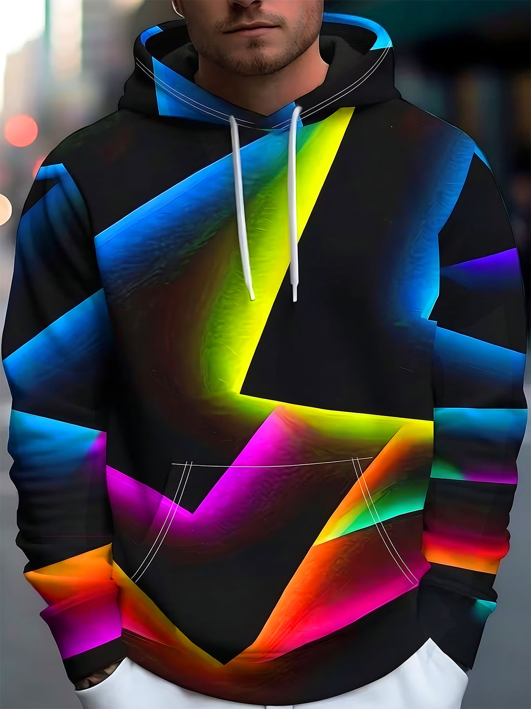 Oceanlyte Men's Printed Colorful Geometric Lightning Print Long Sleeve Hoodie with Chest Pocket