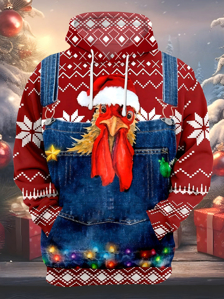 Oceanlyte Men's Graphic Christmas Rooster Print Long Sleeve Hoodie with Chest Pocket