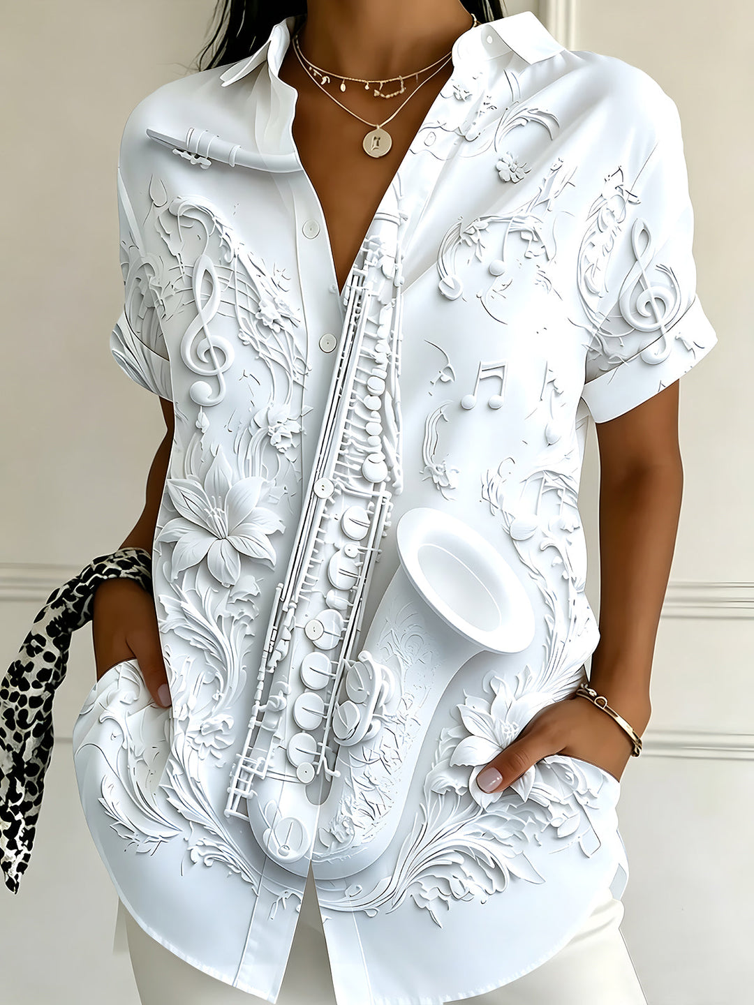 Oceanlyte Women's Graphic 3D Saxophone Relief Print Short Sleeve Shirt