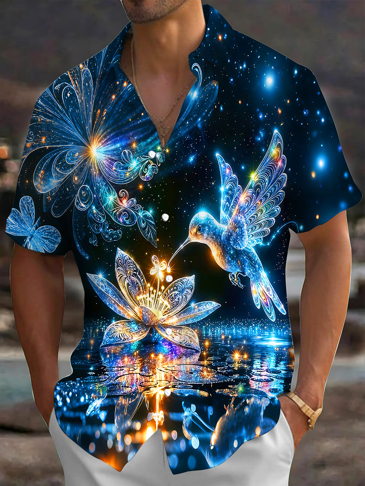 Oceanlyte Men's Hawaiian Starry Night Sky Print Short Sleeve Shirt with Chest Pocket