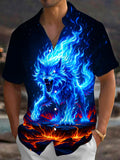 Oceanlyte Men's Graphic Blue Flame Wolf Print Short Sleeve Shirt with Chest Pocket