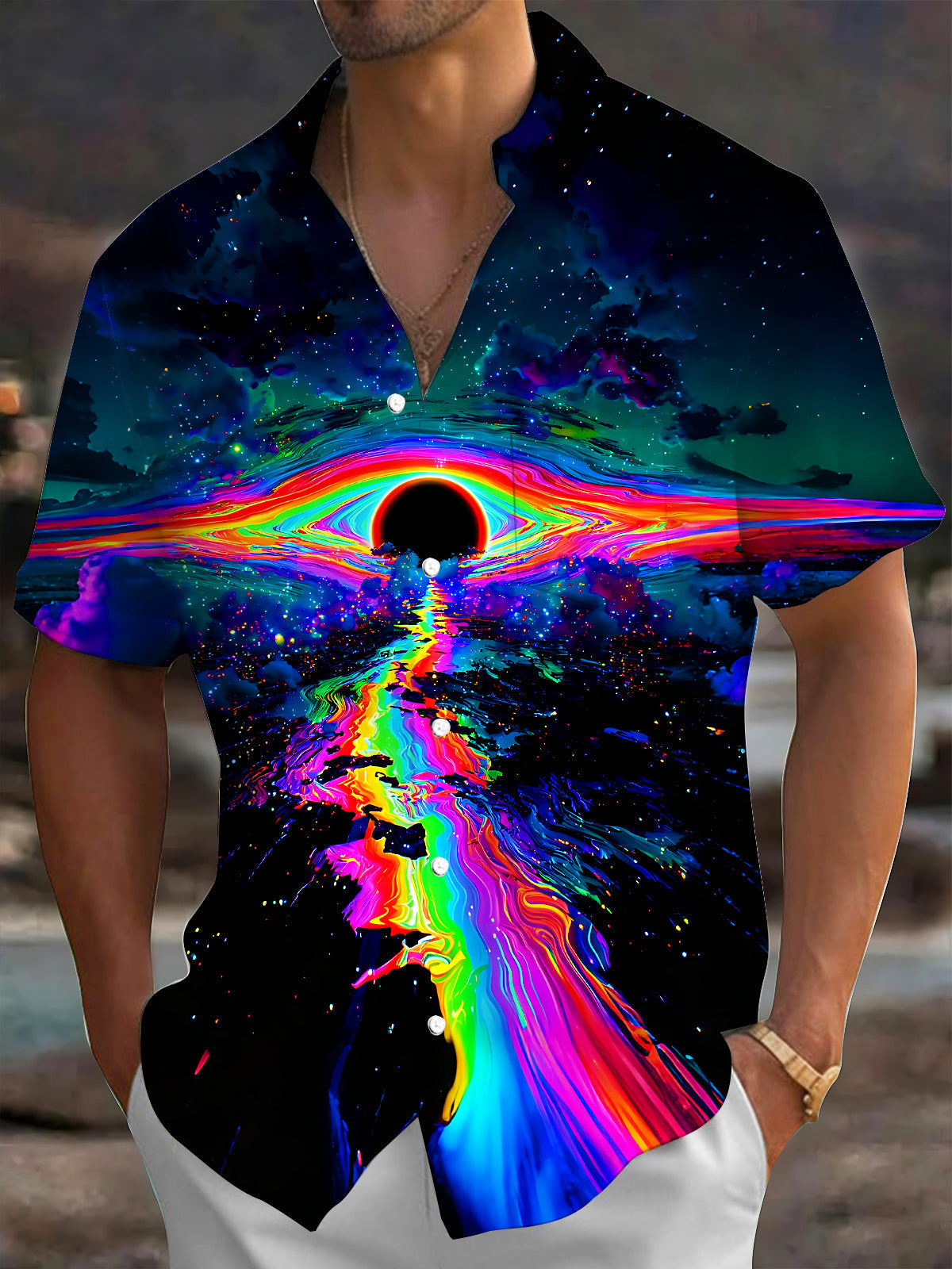 Oceanlyte Men's Graphic Rainbow Eclipse Print Short Sleeve Shirt with Chest Pocket
