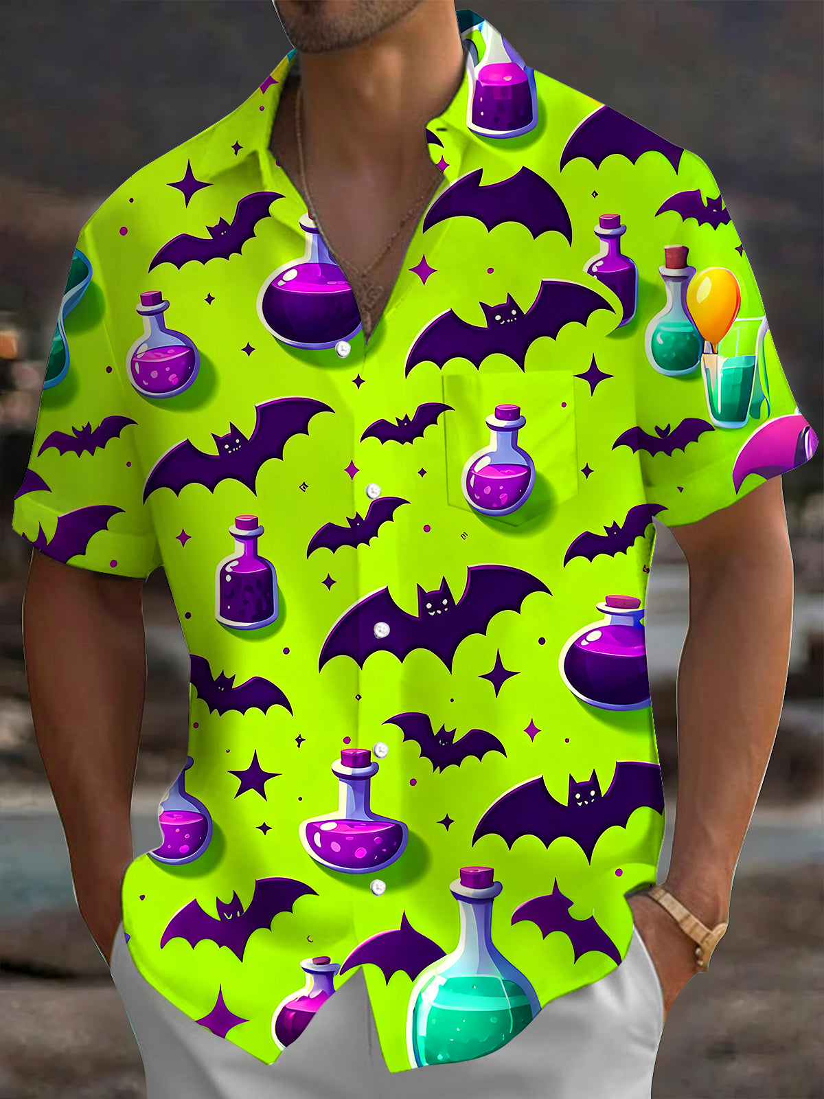 Oceanlyte Men's Hawaiian Halloween Potion Bats Print Short Sleeve Shirt with Chest Pocket