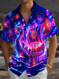 Oceanlyte Men's Graphic Neon Dragon Ship Print Short Sleeve Shirt with Chest Pocket