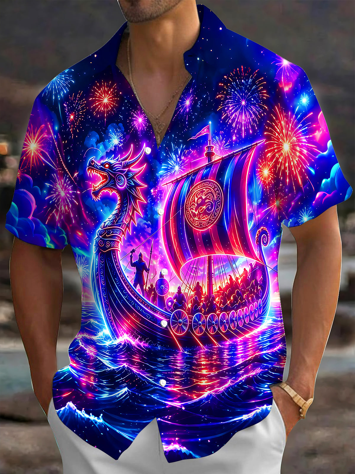 Oceanlyte Men's Graphic Neon Dragon Ship Print Short Sleeve Shirt with Chest Pocket