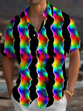 Oceanlyte Men's Retro Rainbow Wavy Lines Print Short Sleeve Shirt with Chest Pocket