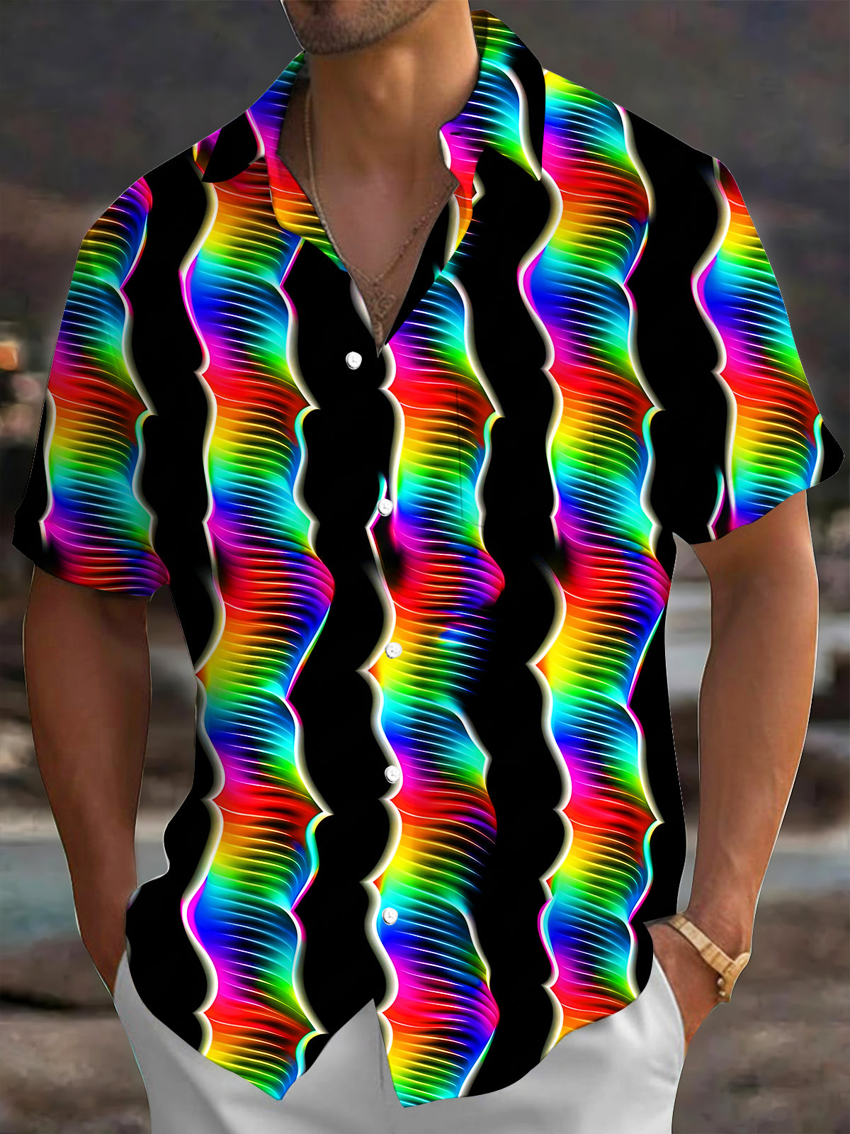Oceanlyte Men's Retro Rainbow Wavy Lines Print Short Sleeve Shirt with Chest Pocket