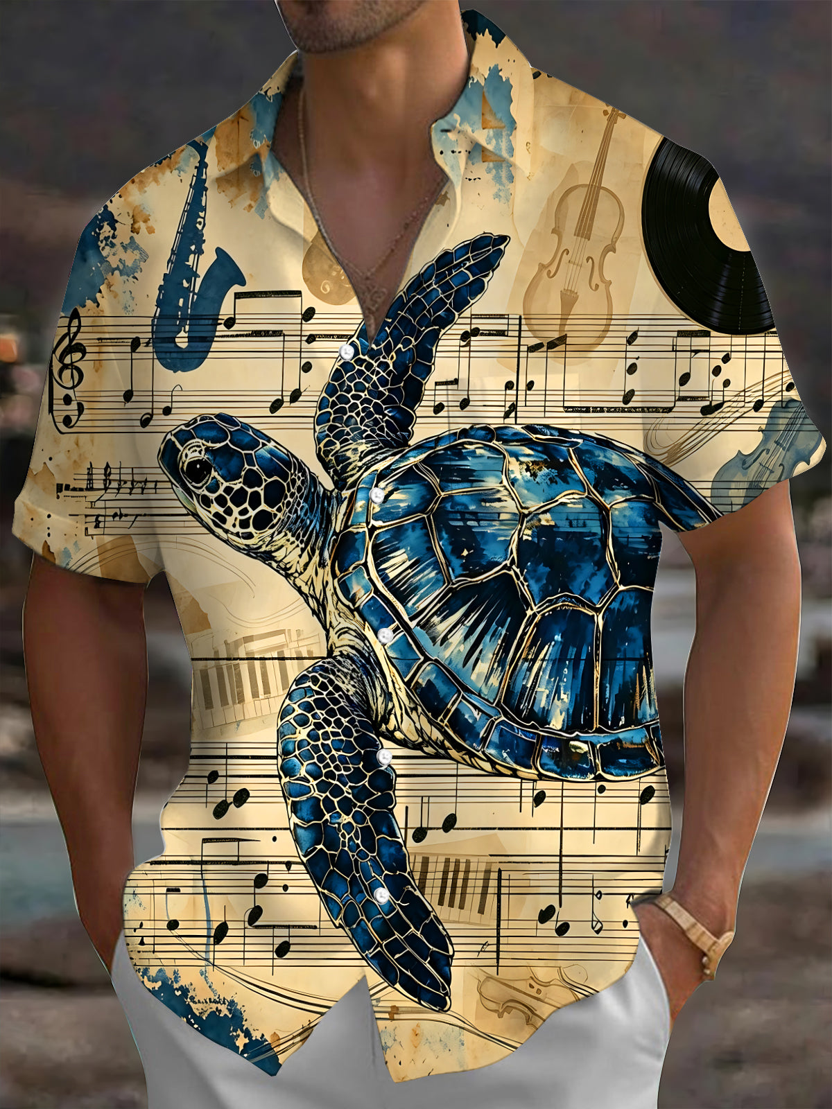 Oceanlyte Men's Vintage Style Sea Turtle Print Short Sleeve Shirt with Chest Pocket