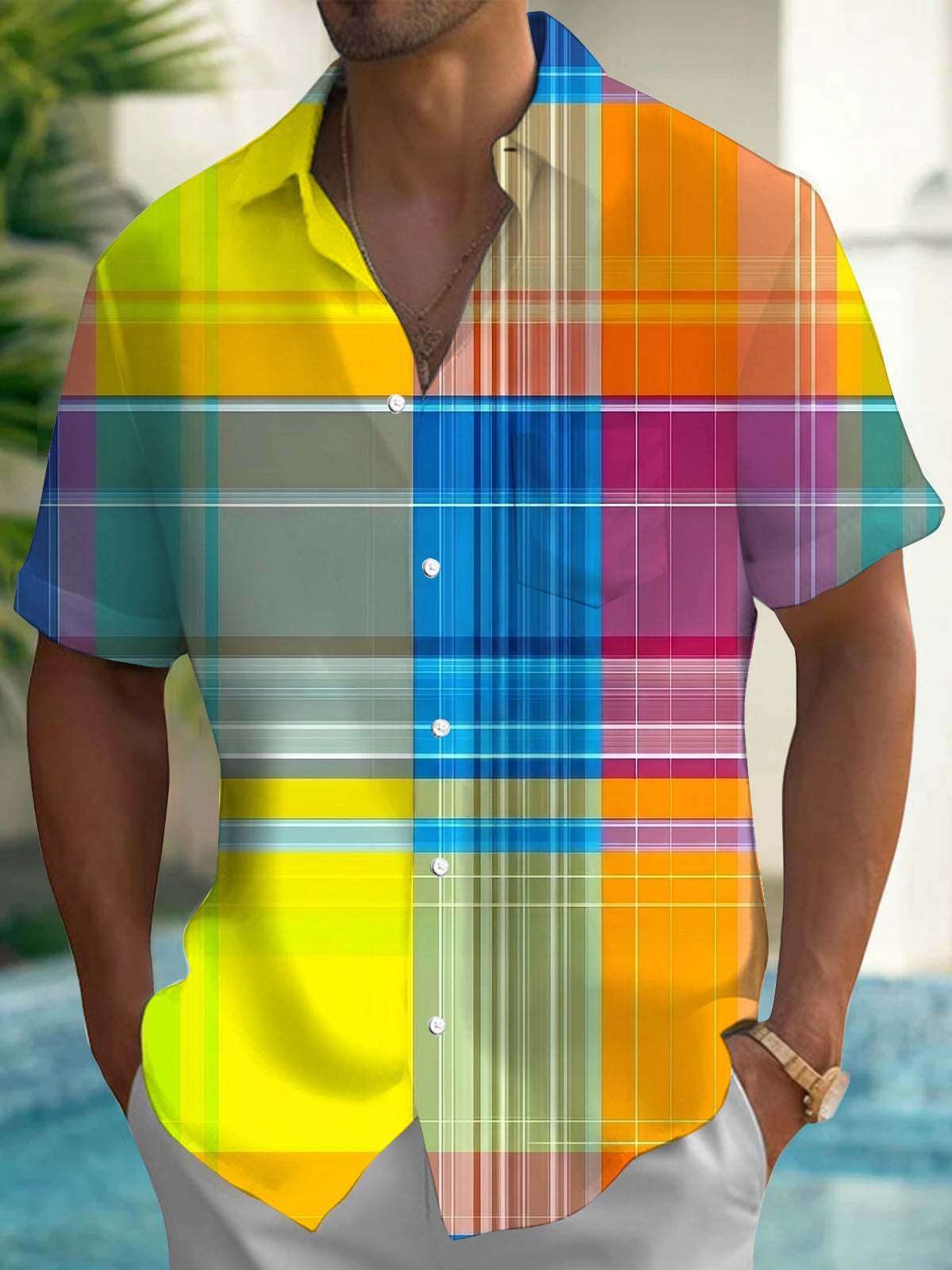 Oceanlyte Men's Printed Colorful Plaid Pattern Short Sleeve Shirt with Chest Pocket