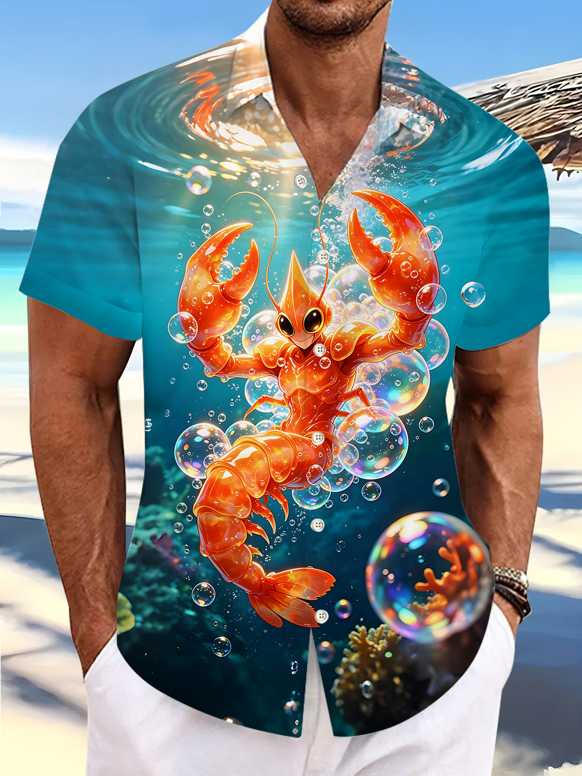 Oceanlyte Men's Hawaiian Lobster Underwater Scene Print Short Sleeve Shirt with Chest Pocket