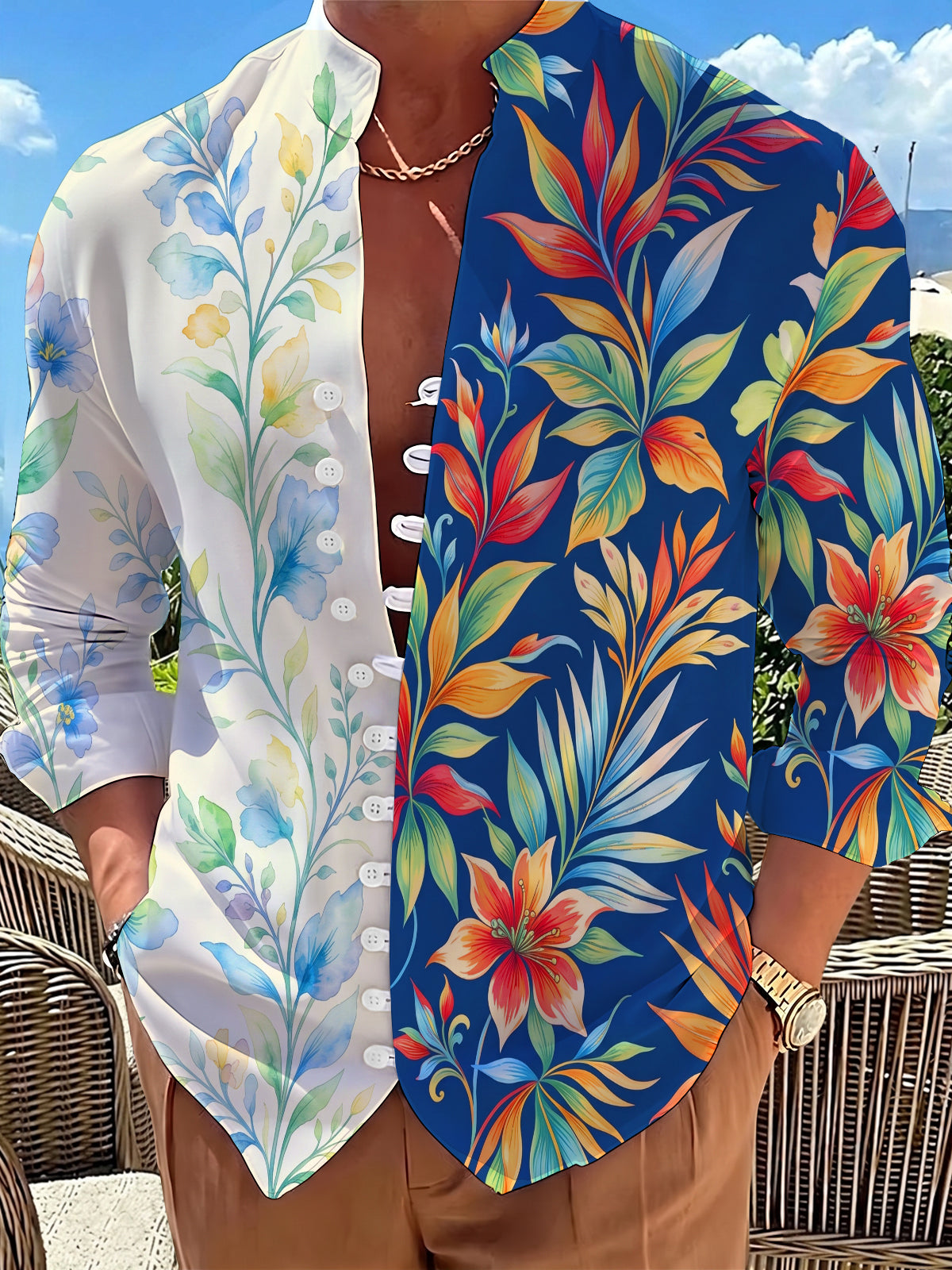 Oceanlyte Men's Hawaiian Tropical Leaves Print Floral Pattern Long Sleeve Shirt