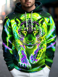 Oceanlyte Men's Graphic Neon Tiger Face Print Long Sleeve Hoodie with Chest Pocket