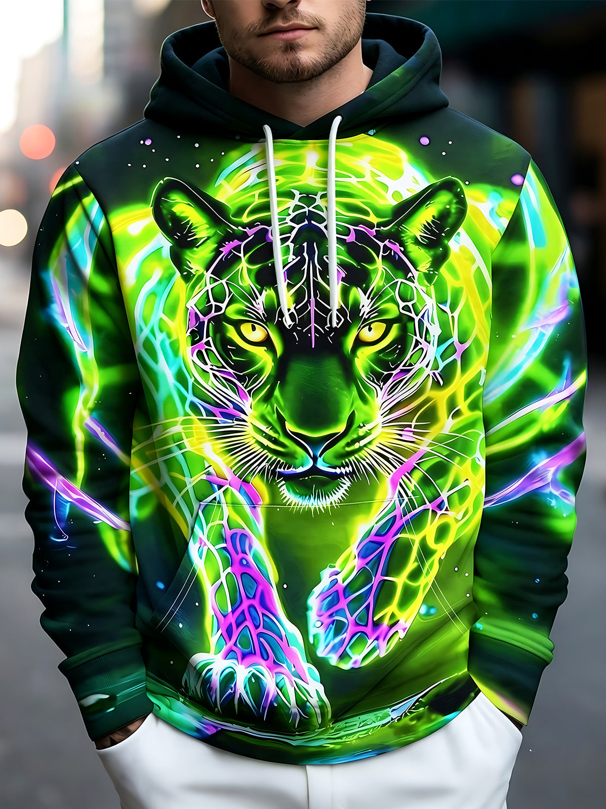 Oceanlyte Men's Graphic Neon Tiger Face Print Long Sleeve Hoodie with Chest Pocket