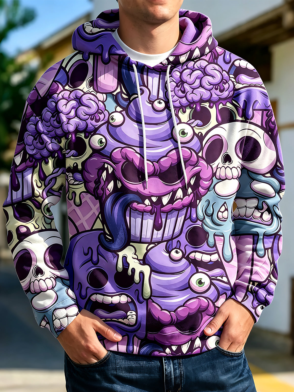 Oceanlyte Men's Graphic Cartoon Skulls And Monsters Print Long Sleeve Hoodie with Chest Pocket