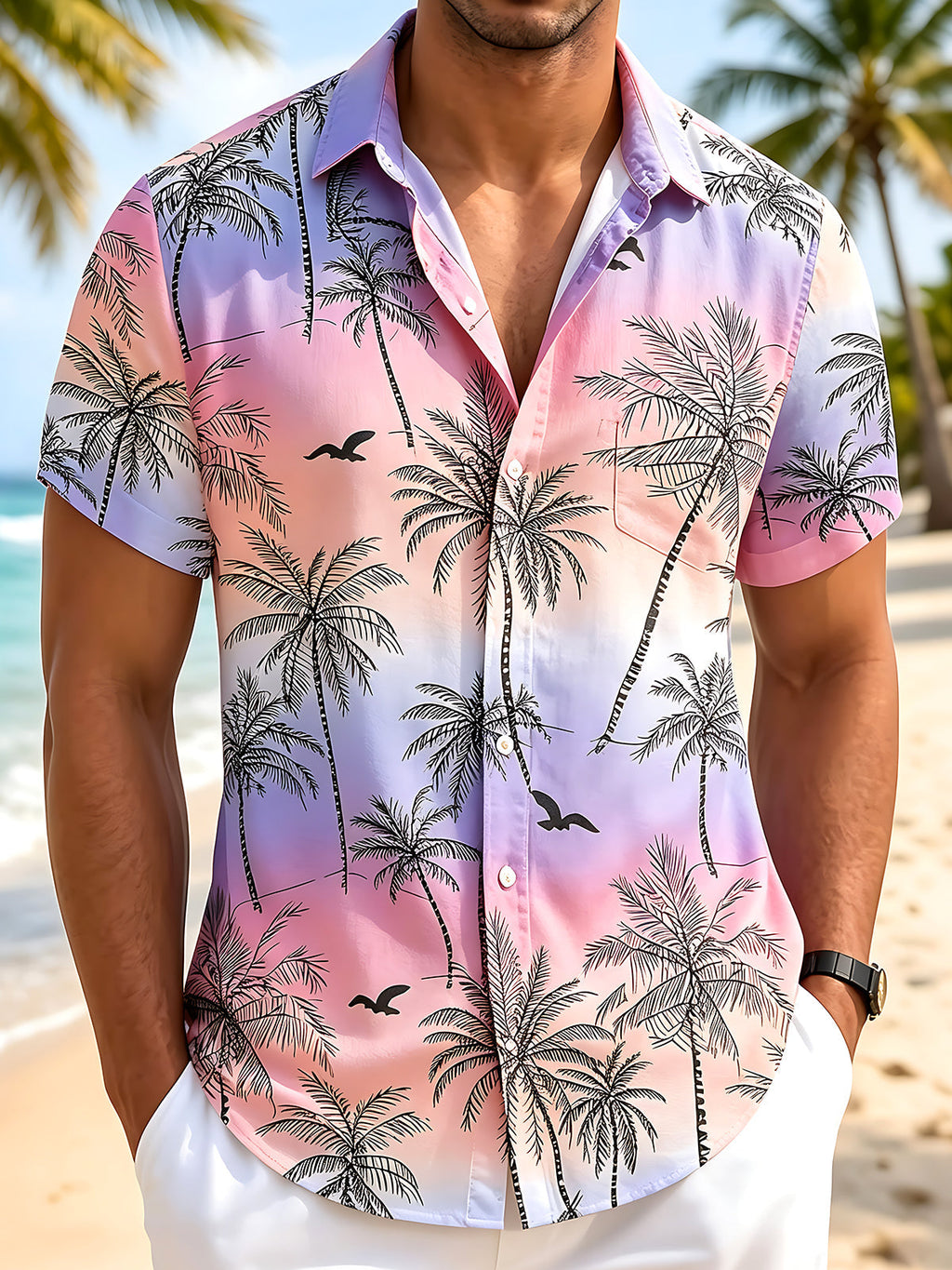 Oceanlyte Men's Hawaiian Palm Tree Silhouette Print Short Sleeve Shirt with Chest Pocket